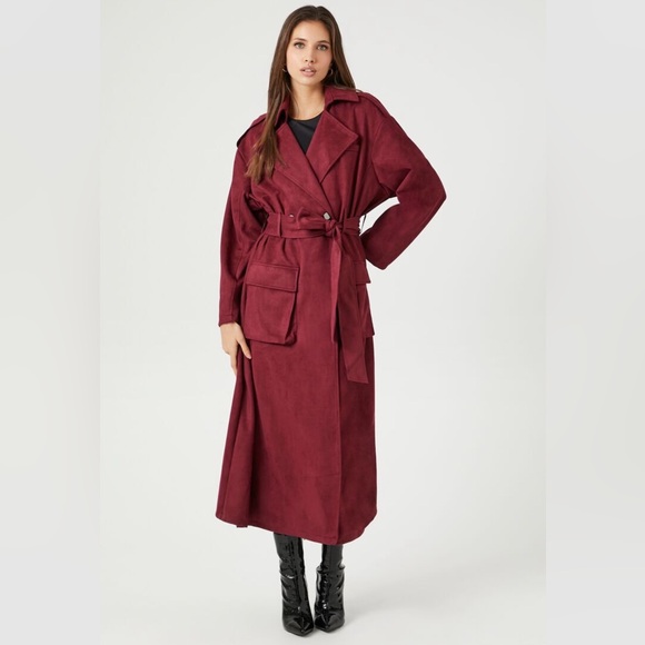 Belted Faux Suede Trench Coat - Picture 1 of 6
